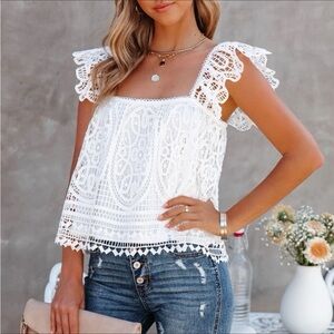 [Rebellion Again] White Crochet Flutter Sleeve Tank Blouse in White Size Large